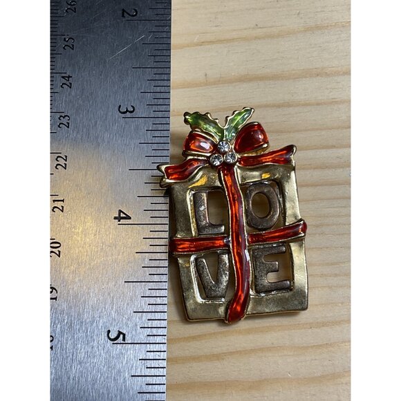 Gold-Tone "Love" Gift Box Pin Brooch With Red & Green Enamel Accents - Picture 3 of 4